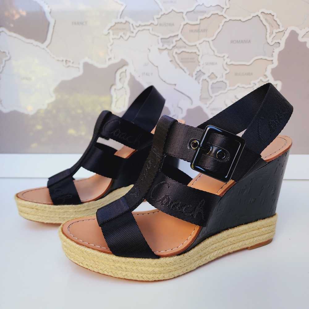 COACH New Maryanne Logo Espadrille Black Wedge Sandal Size 10 NEW